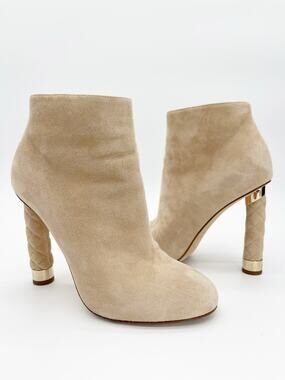 Chanel Coco Tower Beige Suede Quilted Logo Heel Round Toe Ankle Boots EU 37